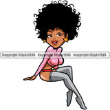 Black Woman Afro Big Hair Style White Background Design Element African American Lady Nubian Queen Sexy Pose Lola Big Eyes Cartoon Character Cute Female Afro Pretty Girl Art Logo Clipart SVG