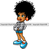 Black Woman African American Lady Nubian Queen Big Hair Style Lola Big Eyes Smile Face Design Element Cartoon Character Cute Female Afro Pretty Girl Art Logo Clipart SVG