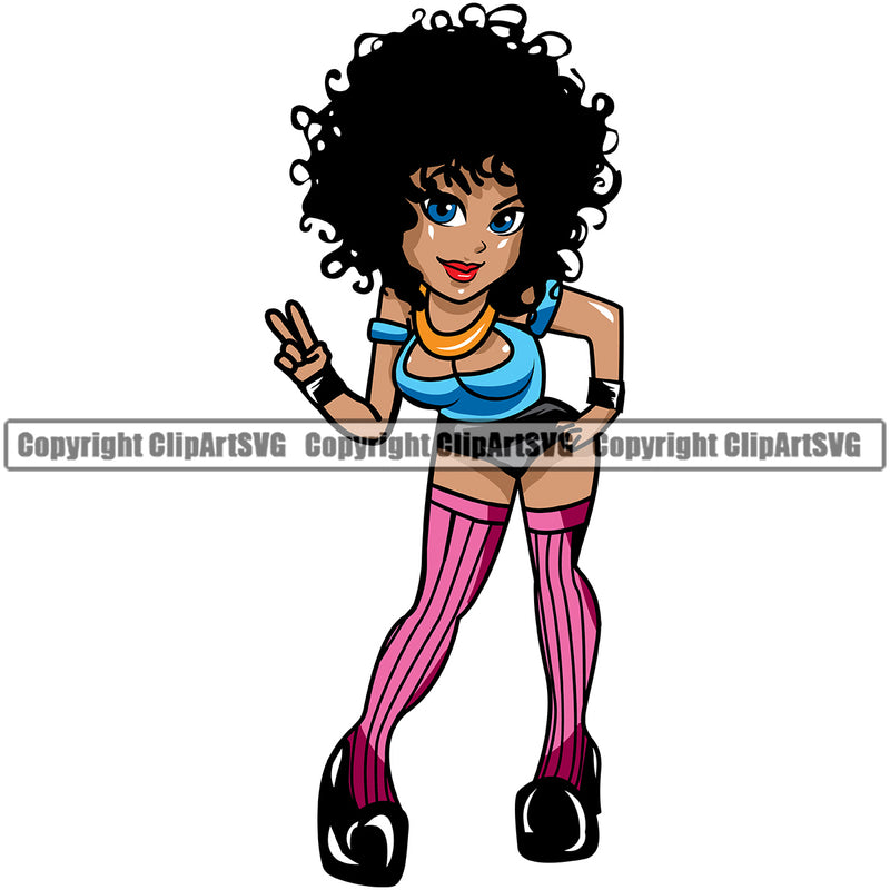 Black Woman Lola Big Eyes Afro Hair Style Peach Hand Sign Design Element African American Lady Nubian Queen Cartoon Character Cute Female Afro Pretty Girl Art Logo Clipart SVG