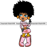 Black Woman Standing Peach Hand Sign Design Element White Background African American Lady Nubian Queen Lola Big Eyes Cartoon Character Cute Female Afro Pretty Girl Art Logo Clipart SVG