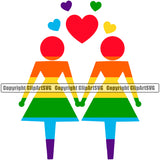 People Gay Female Couple Standing Heart Symbol Design Element Gay Homosexual LGBT Happy Love People Rainbow LGBTQ Pride Proud Lesbian Bisexual Transgender Rights Art Logo Clipart SVG