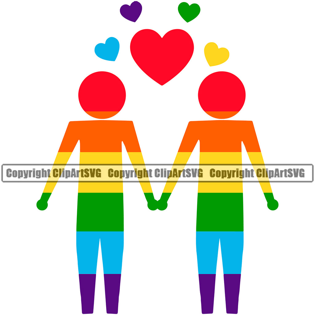 Male Gay People Holding Hand Couple Vector Heart Symbol Color Design Element Homosexual LGBT Happy Love People Rainbow LGBTQ Pride Proud Lesbian Bisexual Transgender Rights Art Logo Clipart SVG