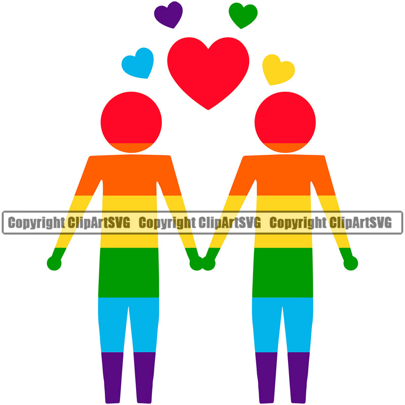 Male Gay People Holding Hand Couple Vector Heart Symbol Color Design Element Homosexual LGBT Happy Love People Rainbow LGBTQ Pride Proud Lesbian Bisexual Transgender Rights Art Logo Clipart SVG