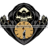 Grim Reaper Clock Candle Vector Design Element Color Skull Skeleton Death Horror Dead Evil Dark Spooky Fear Skull Scary Ghost Scythe Sickle Cemetery Gothic Hell Demon Creepy Clipart SVG
