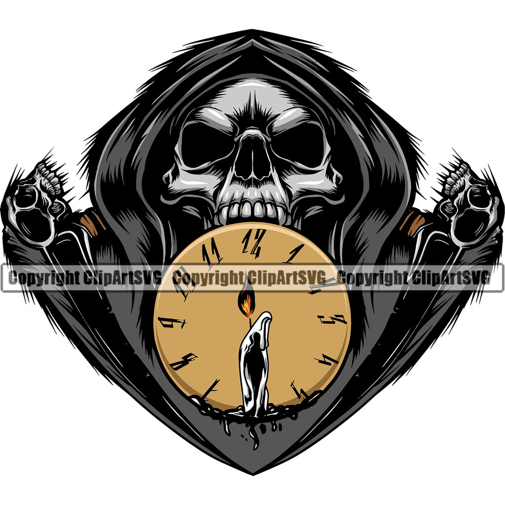 Angry Face Grim Reaper Clock Candle Vector Design Element Silver Color Skull Skeleton Death Horror Dead Evil Dark Spooky Fear Skull Scary Ghost Scythe Sickle Cemetery Gothic Hell Demon Creepy Clipart SVG