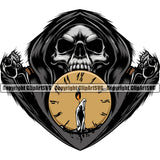 Angry Face Grim Reaper Clock Candle Vector Design Element Silver Color Skull Skeleton Death Horror Dead Evil Dark Spooky Fear Skull Scary Ghost Scythe Sickle Cemetery Gothic Hell Demon Creepy Clipart SVG