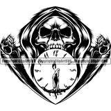 Black And White Grim Reaper Clock Candle Vector Design Element BW Color Skull Skeleton Death Horror Dead Evil Dark Spooky Fear Skull Scary Ghost Scythe Sickle Cemetery Gothic Hell Demon Creepy Clipart SVG