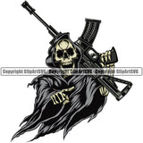 Skull Skeleton Holding Grim Reaper Gun Skull Skeleton Angry Face Color Design Element Death Horror Dead Evil Dark Spooky Fear Skull Scary Ghost Scythe Sickle Cemetery Gothic Hell Demon Creepy Clipart SVG