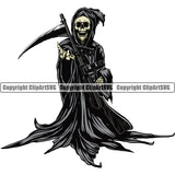 Skull Skeleton Holding Grim Reaper Skull Skeleton Standing Color Design Element White Background Death Horror Dead Evil Dark Spooky Fear Skull Scary Ghost Scythe Sickle Cemetery Gothic Hell Demon Creepy Clipart SVG