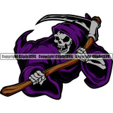 Angry Face Skull Mascot Design Grim Reaper Holding Skull Skeleton Death Horror Dead Evil Dark Spooky Fear Skull Scary Ghost Scythe Sickle Cemetery Gothic Hell Demon Creepy Clipart SVG