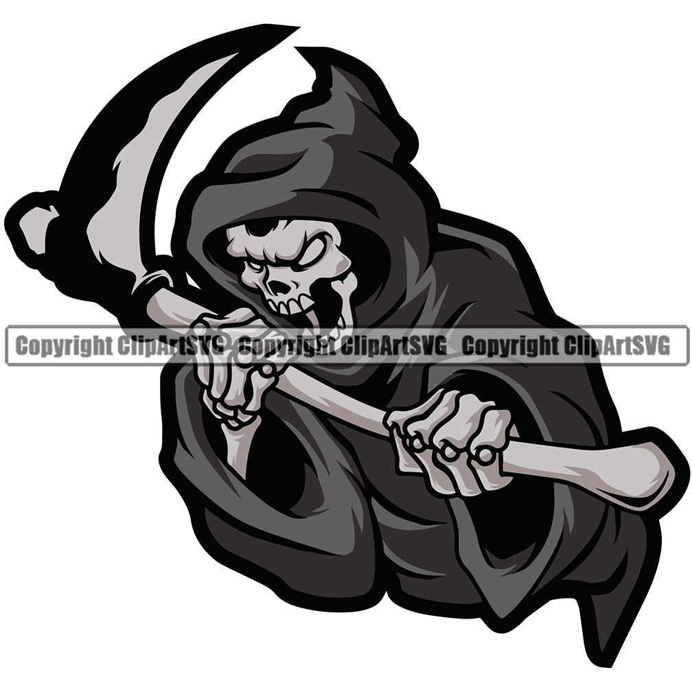 Skull Skeleton Holding Grim Reaper Vector Black Design Element Skeleton Death Horror Dead Evil Dark Spooky Fear Skull Scary Ghost Scythe Sickle Cemetery Gothic Hell Demon Creepy Clipart SVG