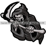 Skull Skeleton Holding Grim Reaper Vector Black Design Element Skeleton Death Horror Dead Evil Dark Spooky Fear Skull Scary Ghost Scythe Sickle Cemetery Gothic Hell Demon Creepy Clipart SVG