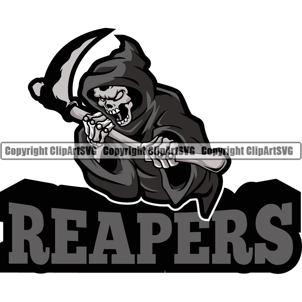 Reapers Black Color Quote Mascot Skull Skeleton Holding Grim Reaper Vector Black Design Element Skeleton Death Horror Dead Evil Dark Spooky Fear Skull Scary Ghost Scythe Sickle Cemetery Gothic Hell Demon Creepy Clipart SVG