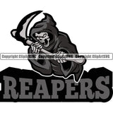 Reapers Black Color Quote Mascot Skull Skeleton Holding Grim Reaper Vector Black Design Element Skeleton Death Horror Dead Evil Dark Spooky Fear Skull Scary Ghost Scythe Sickle Cemetery Gothic Hell Demon Creepy Clipart SVG