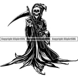 Black And White Skull Standing And Holding Grim Reaper Artwork Design Element Skeleton Death Horror Dead Evil Dark Spooky Fear Skull Scary Ghost Scythe Sickle Cemetery Gothic Hell Demon Creepy Clipart SVG