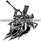 Skull Skeleton Holding Machine Gun Grim Reaper Black And White Design Element Skeleton Death Horror Dead Evil Dark Spooky Fear Skull Scary Ghost Scythe Sickle Cemetery Gothic Hell Demon Creepy Clipart SVG