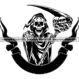 Sickle Ribbon Vector Angry Face Skull Skeleton Holding Machine Gun Grim Reaper Design Element Black And White BW Skeleton Death Horror Dead Evil Dark Spooky Fear Skull Scary Ghost Scythe Sickle Cemetery Gothic Hell Demon Creepy Clipart SVG