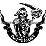 Coming For Your Quote Sickle Ribbon Design Black And White Holding Grim Reaper Skull Skeleton Head Design Element Artwork Death Horror Dead Evil Dark Spooky Fear Skull Scary Ghost Scythe Sickle Cemetery Gothic Hell Demon Creepy Clipart SVG