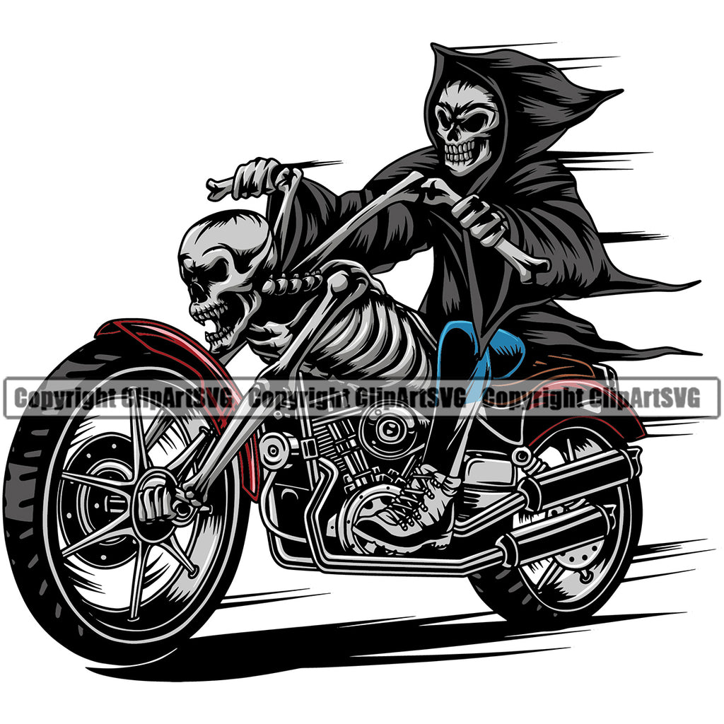 Motorcycle Bike Biker Cycle Chopper People Grim Reaper Skeleton Motorcycle Design Element Motorbike Ride Rider Racer Rider Transportation Vehicle Art Design Logo Clipart SVG