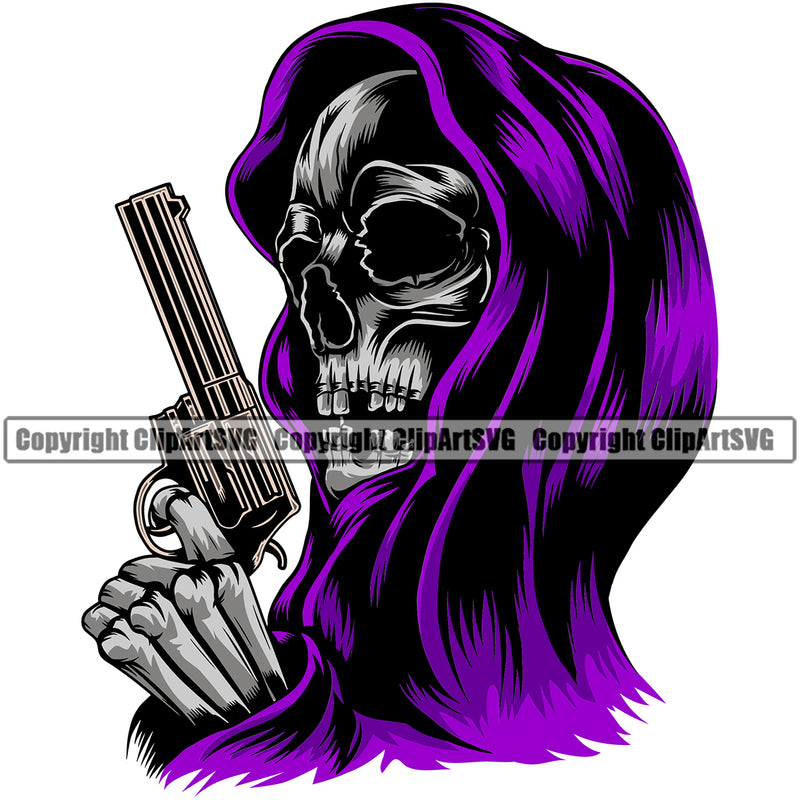 Skull Skeleton Holding Gun Pistol Silver Color Head Grim Reaper Color Design Element Skeleton Death Horror Dead Evil Dark Spooky Fear Skull Scary Ghost Scythe Sickle Cemetery Gothic Hell Demon Creepy Clipart SVG