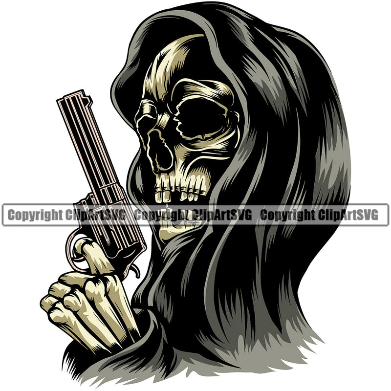 Skull Skeleton Holding Gun Pistol Golden Color Head Grim Reaper Color Design Element White Background Skeleton Death Horror Dead Evil Dark Spooky Fear Skull Scary Ghost Scythe Sickle Cemetery Gothic Hell Demon Creepy Clipart SVG