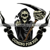 Comin For Your Quote Sickle Ribbon Skull Skeleton Holding Grim Reaper Angry Face Skeleton White Background Death Horror Dead Evil Dark Spooky Fear Skull Scary Ghost Scythe Sickle Cemetery Gothic Hell Demon Creepy Clipart SVG