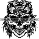 Black And White People Skull Skeleton Biker Long Hair Snake Headband Color Design Element White Background Death Head Skeleton Dead Face Horror Human Bone Evil Tattoo Grunge Scary Gothic Art Logo Clipart SVG