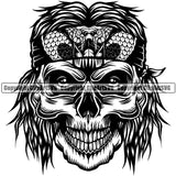 Black And White People Skull Skeleton Smile Face Biker Long Hair Snake Headband Color Design Element White Background Death Head Skeleton Dead Face Horror Human Bone Evil Tattoo Grunge Scary Gothic Art Logo Clipart SVG