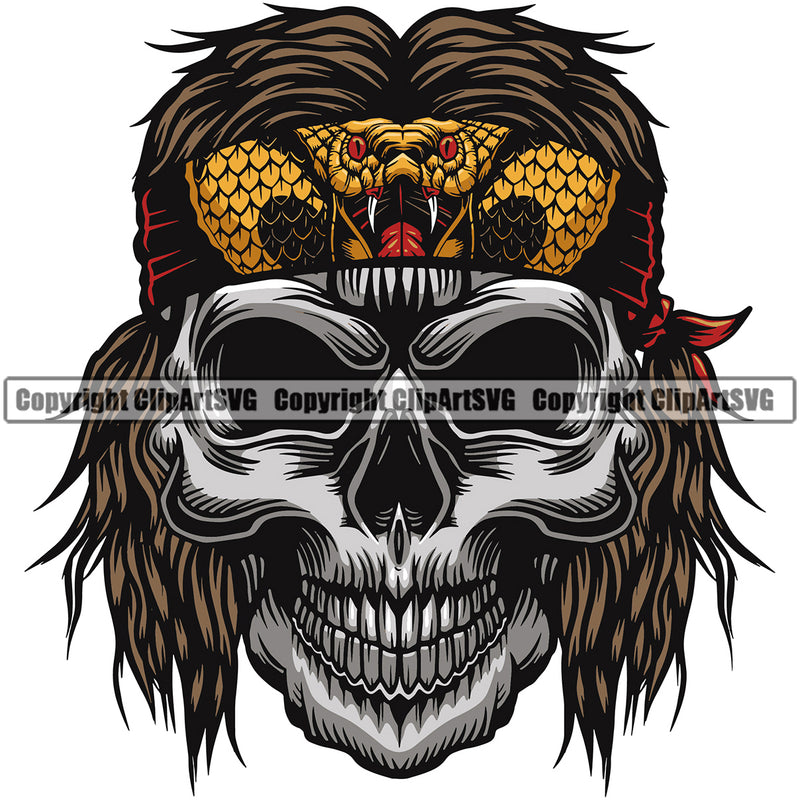 People Skull Skeleton Biker Long Hair Snake Headband Color Design Element White Background Death Head Skeleton Dead Face Horror Human Bone Evil Tattoo Grunge Scary Gothic Art Logo Clipart SVG