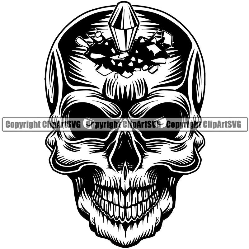 Black And White Skull Skeleton Head Bullet On Head Death Design Element Skeleton Dead Face Horror Human Bone Evil Tattoo Grunge Scary Gothic Art Logo Clipart SVG