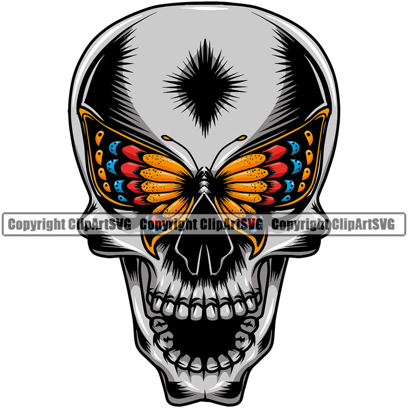 People Skull Skeleton Butterfly Eyes Color Design Element White Background Death Head Skeleton Dead Face Horror Human Bone Evil Tattoo Grunge Scary Gothic Art Logo Clipart SVG