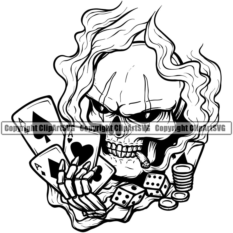 Black And White Skull Skeleton Hand Holding Game Cards Fire Design Element Death Head Skeleton Dead Face Horror Human Bone Evil Tattoo Grunge Scary Gothic Art Logo Clipart SVG