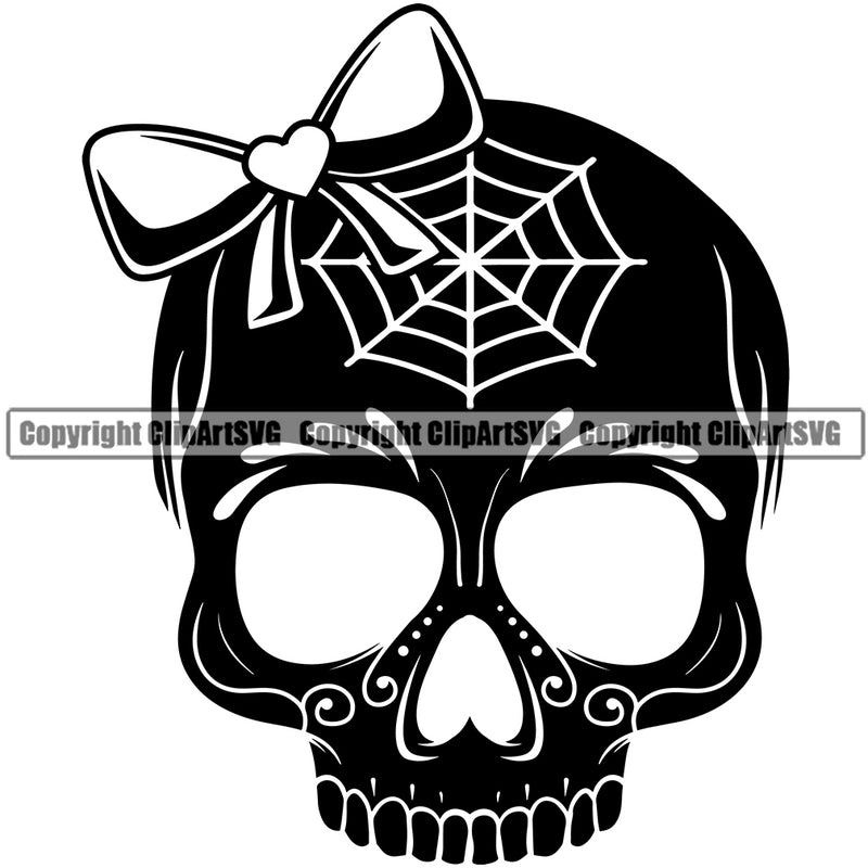 Skull Cob Web Dawn Dead Bow Girly Girl Woman Female Black And White Design Element Death Head Skeleton Dead Face Horror Human Bone Evil Tattoo Grunge Scary Gothic Art Logo Clipart SVG