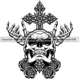 Black And White People Skull Cross Crucify Skeleton Hands Roses Design Element Vector Death Head Skeleton Dead Face Horror Human Bone Evil Tattoo Grunge Scary Gothic Art Logo Clipart SVG