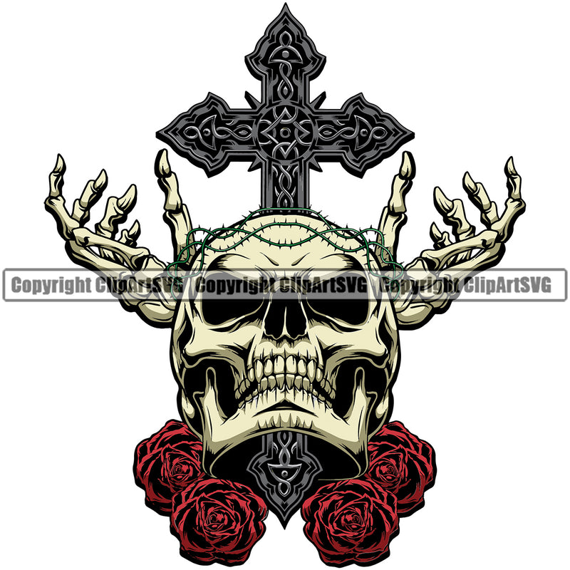 People Skull Cross Crucify Skeleton Hands Roses Color Design Element Vector White Background Death Head Skeleton Dead Face Horror Human Bone Evil Tattoo Grunge Scary Gothic Art Logo Clipart SVG