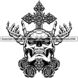 Black And White Angry Face Skull Skeleton Head Artwork Cross Crucify Skeleton Hands Roses Design Element Vector Death Head Skeleton Dead Face Horror Human Bone Evil Tattoo Grunge Scary Gothic Art Logo Clipart SVG