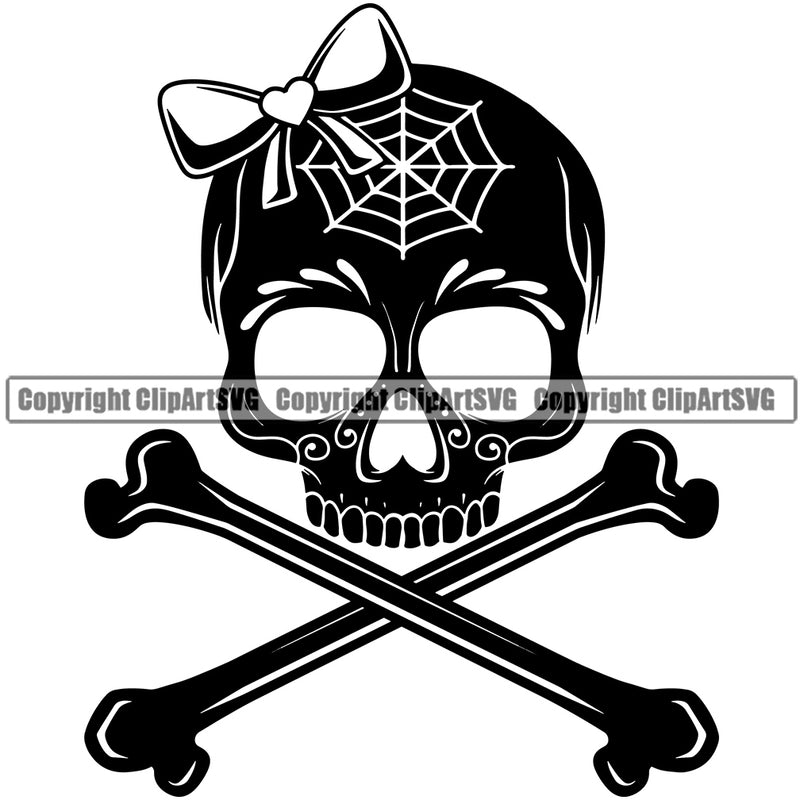 Web Dawn Skull Skeleton Head Design Element Cute Female Skull EMO Dead Wearing Bow Death Skeleton Tattoo Vintage Retro Horror Woman Gothic Girl Pretty Lady Art Logo Clipart SVG
