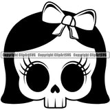 Cute Female Skull Skeleton Head Black Hair Design Element Wearing Bow On Head EMO Dead Death Skeleton Tattoo Vintage Retro Horror Woman Gothic Girl Pretty Lady Art Logo Clipart SVG