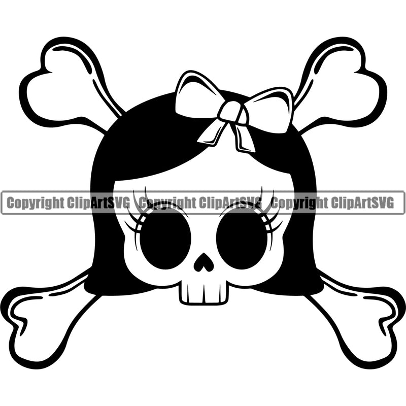 Cute Female Skull Skeleton Head Black Hair Design Element Wearing Bow On Head Crossbones White Background EMO Dead Death Skeleton Tattoo Vintage Retro Horror Woman Gothic Girl Pretty Lady Art Logo Clipart SVG