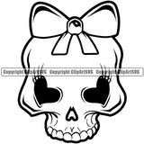 Skull Skeleton Head Wearing Bow Heart Eyes Design Element Cute Female Skull EMO Dead Death Skeleton Tattoo Vintage Retro Horror Woman Gothic Girl Pretty Lady Art Logo Clipart SVG