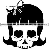 Skull Skeleton Head Black Hair Wearing Bow Heart Eyes Design Element Cute Female Skull EMO Dead Death Skeleton Tattoo Vintage Retro Horror Woman Gothic Girl Pretty Lady Art Logo Clipart SVG
