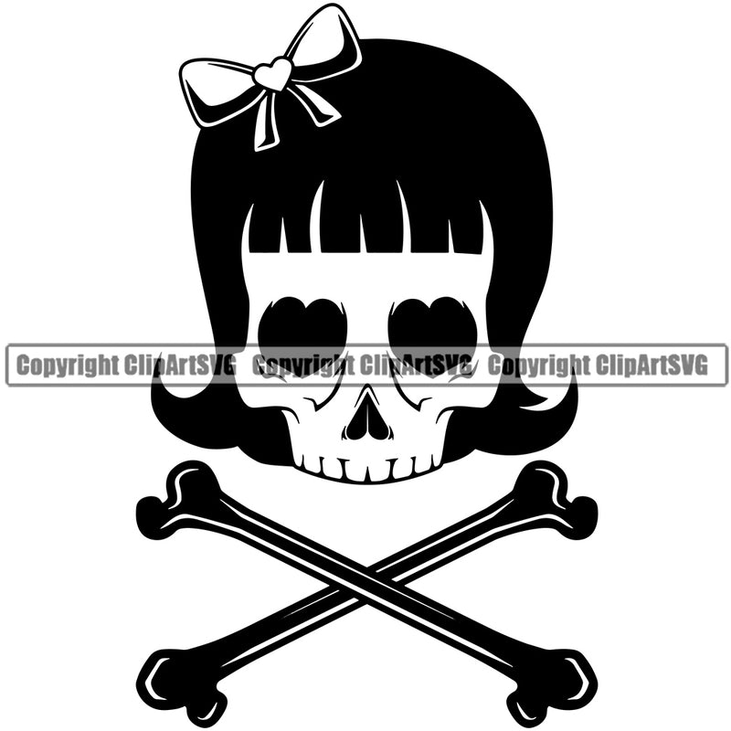 Skull Skeleton Head Heart Design Eyes Crossbones Design Element Vector Wearing Bow Black Hair Cute Female Skull EMO Dead Death Skeleton Tattoo Vintage Retro Horror Woman Gothic Girl Pretty Lady Art Logo Clipart SVG