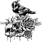 Black And White Skull Skeleton Head Design Element Crow Sitting On Skeleton Head Color Dripping Death Dead Face Horror Human Bone Evil Tattoo Grunge Scary Gothic Art Logo Clipart SVG