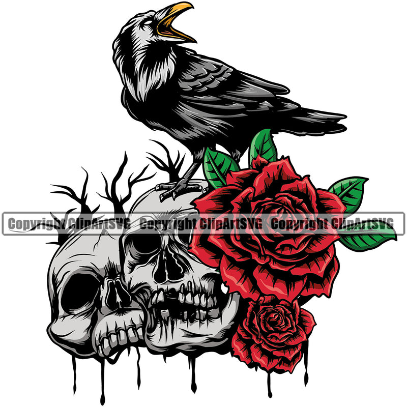 Skull Skeleton Head Design Element Crow Sitting On Skeleton Head Roses Color Dripping Death Dead Face Horror Human Bone Evil Tattoo Grunge Scary Gothic Art Logo Clipart SVG