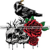 Skull Skeleton Head Design Element Crow Sitting On Skeleton Head Roses Color Dripping Death Dead Face Horror Human Bone Evil Tattoo Grunge Scary Gothic Art Logo Clipart SVG