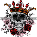 Skull Skeleton Crown On Death Head Vector Lot Of Flowers White Background Design Element Skeleton Dead Face Horror Human Bone Evil Tattoo Grunge Scary Gothic Art Logo Clipart SVG
