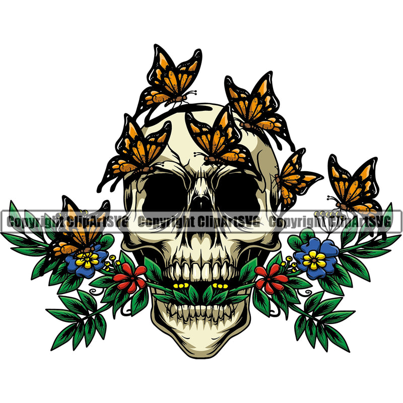 Skull Death Head Lot Of Butterfly On Skeleton Dead Face Color Design Element White Background Horror Human Bone Evil Tattoo Grunge Scary Gothic Art Logo Clipart SVG