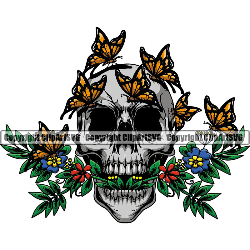 Silver Color Skull Death Head Lot Of Butterfly On Skeleton Dead Face Color Design Element White Background Horror Human Bone Evil Tattoo Grunge Scary Gothic Art Logo Clipart SVG