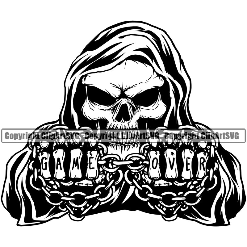Black And White Skull Skeleton Punch Hand And Holding Chain BW Design Element Death Head Skeleton Dead Face Horror Human Bone Evil Tattoo Grunge Scary Gothic Art Logo Clipart SVG