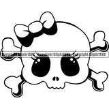 Cute Skull Skeleton Head Design Element Female Wearing Girly Bow Skull EMO Dead Death Skeleton Tattoo Vintage Retro Horror Woman Gothic Girl Pretty Lady Art Logo Clipart SVG